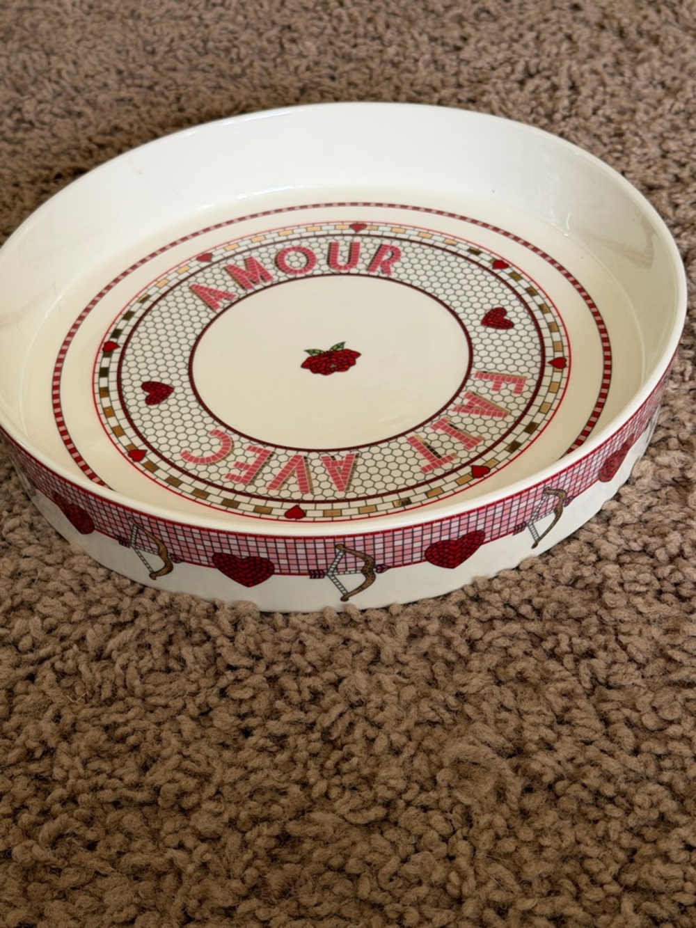 Anthropologie White Ceramic 'Amour' Heart Motif Serving Dish with Red Accents - Picture 1 of 9